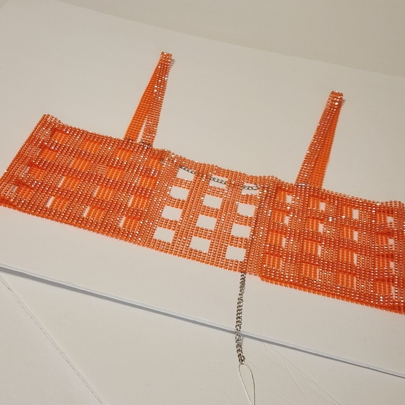 NWT Orange Nylon Rhinstone Crystal Festival Rave Topper - Picture 6 of 11